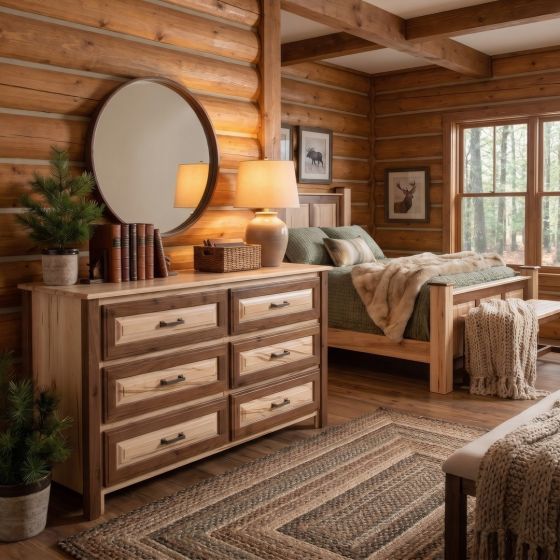Rustic 6 Drawer Dresser: Some lifestyle images are created with AI for visualization purposes. Crafted from natural solid wood, each piece is unique and will vary.