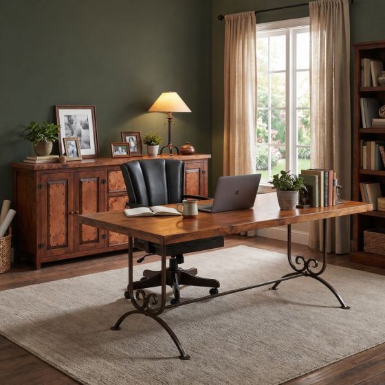 Copper Desk: Some lifestyle images are created with AI for visualization purposes. Crafted from natural solid wood, each piece is unique and will vary.