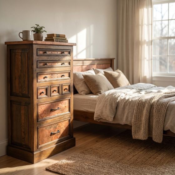 Copper Dresser: Some lifestyle images are created with AI for visualization purposes. Crafted from natural solid wood, each piece is unique and will vary.