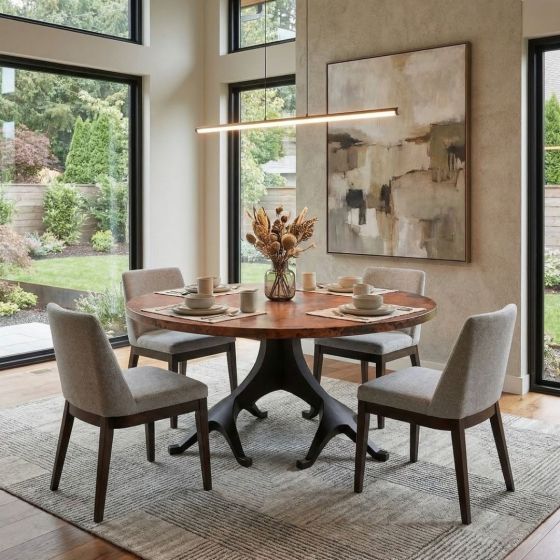 Copper Dining Table: Some lifestyle images are created with AI for visualization purposes. Crafted from natural solid wood, each piece is unique and will vary.