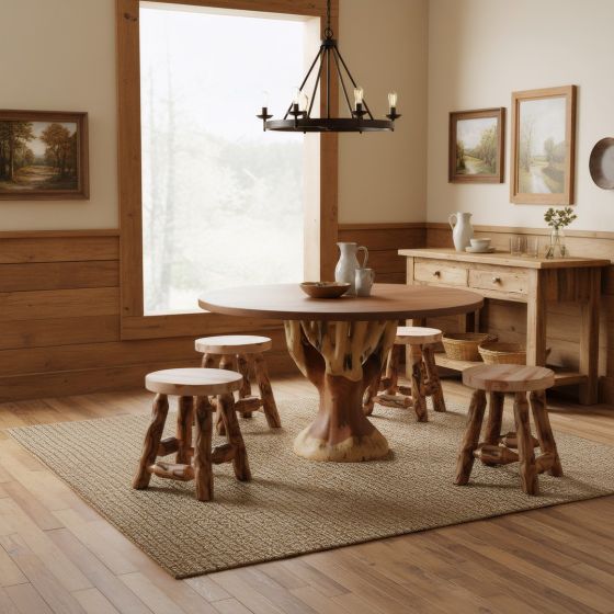 Rustic Dining Table: Some lifestyle images are created with AI for visualization purposes. Crafted from natural solid wood, each piece is unique and will vary.