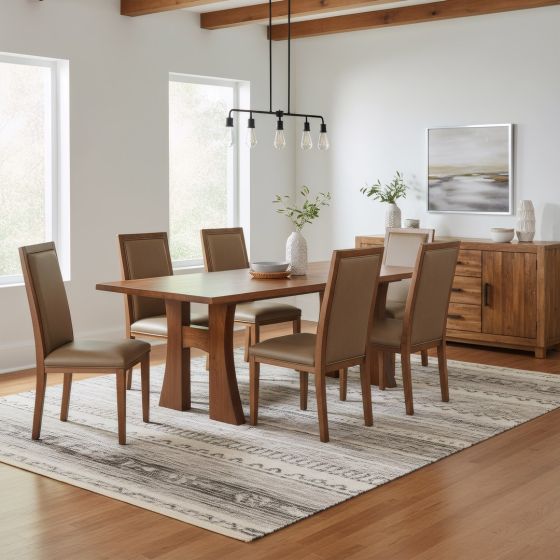 Modern Rustic Dining Table: Some lifestyle images are created with AI for visualization purposes. Crafted from natural solid wood, each piece is unique and will vary.