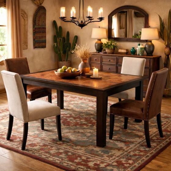 Southwestern Copper Dining Table: Some lifestyle images are created with AI for visualization purposes. Crafted from natural solid wood, each piece is unique and will vary.