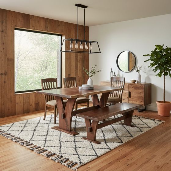 Rustic Modern Dining Table: Some lifestyle images are created with AI for visualization purposes. Crafted from natural solid wood, each piece is unique and will vary.