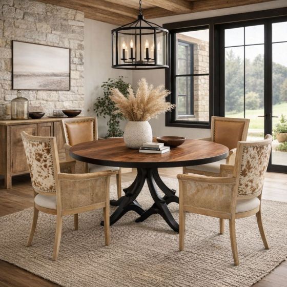 Rustic Round Dining Table: Some lifestyle images are created with AI for visualization purposes. Crafted from natural solid wood, each piece is unique and will vary.