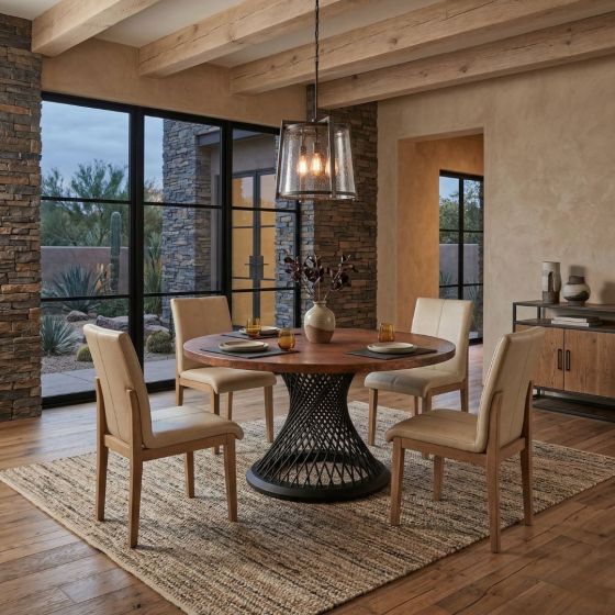 Twisted Metal Base Dining Table: Some lifestyle images are created with AI for visualization purposes. Crafted from natural solid wood, each piece is unique and will vary.