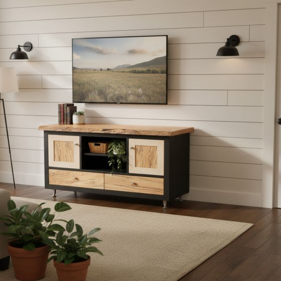 Mountain Modern Renaissance Entertainment Center in Stylish Living Room: Some lifestyle images are created with AI for visualization purposes. Crafted from natural solid wood, each piece is unique and will vary.