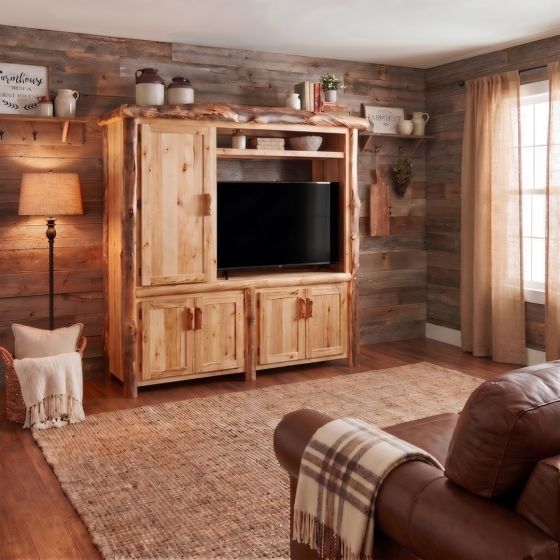 Rustic TV Stand: Some lifestyle images are created with AI for visualization purposes. Crafted from natural solid wood, each piece is unique and will vary.