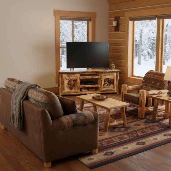 Aspen TV Stand: Some lifestyle images are created with AI for visualization purposes. Crafted from natural solid wood, each piece is unique and will vary.
