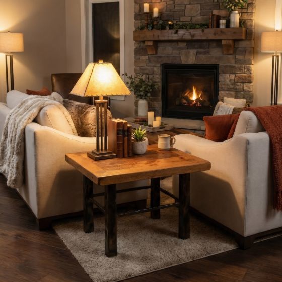 Barn Wood End Table: Some lifestyle images are created with AI for visualization purposes. Crafted from natural solid wood, each piece is unique and will vary.