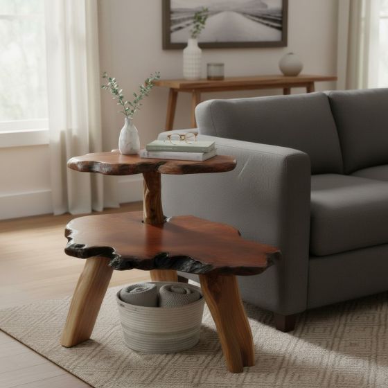 Redwood End Table: Some lifestyle images are created with AI for visualization purposes. Crafted from natural solid wood, each piece is unique and will vary.