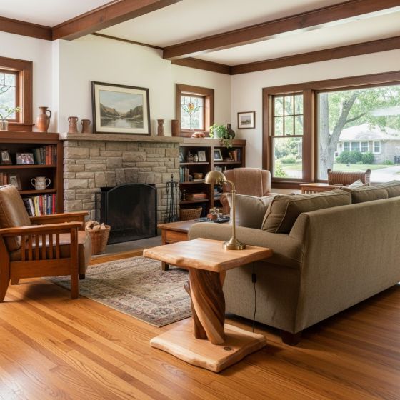 Natural Live Edge Side Table in Cozy Rustic Living Room: Some lifestyle images are created with AI for visualization purposes. Crafted from natural solid wood, each piece is unique and will vary.