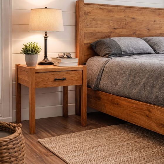 Cherry Nightstand: Some lifestyle images are created with AI for visualization purposes. Crafted from natural solid wood, each piece is unique and will vary.