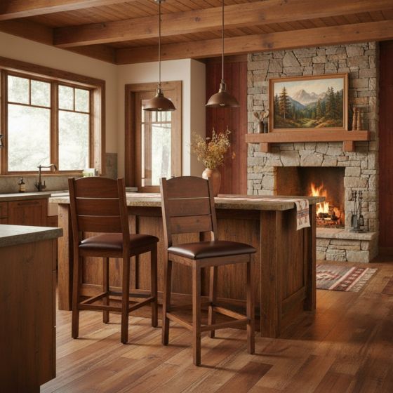 Rustic Bar Stool With Back: Some lifestyle images are created with AI for visualization purposes. Crafted from natural solid wood, each piece is unique and will vary.