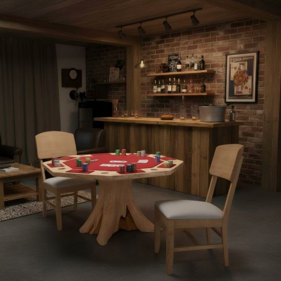 Rustic Poker Table: Some lifestyle images are created with AI for visualization purposes. Crafted from natural solid wood, each piece is unique and will vary.