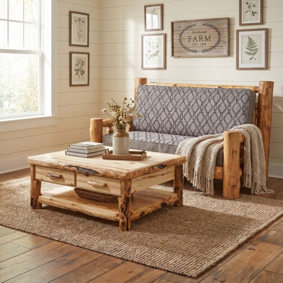 Aspen Log Loveseat: Some lifestyle images are created with AI for visualization purposes. Crafted from natural solid wood, each piece is unique and will vary.