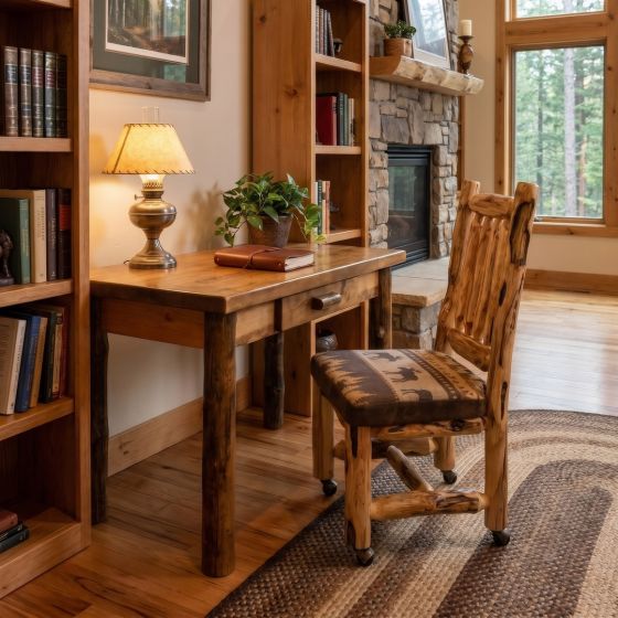 Rustic Log Desk: Some lifestyle images are created with AI for visualization purposes. Crafted from natural solid wood, each piece is unique and will vary.