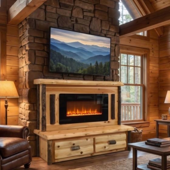 Hickory Fireplace: Some lifestyle images are created with AI for visualization purposes. Crafted from natural solid wood, each piece is unique and will vary.