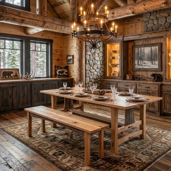 Barn Wood Dining Bench: Some lifestyle images are created with AI for visualization purposes. Crafted from natural solid wood, each piece is unique and will vary.