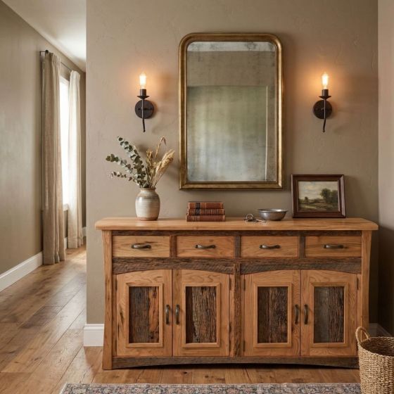 Barn Wood Sideboard: Some lifestyle images are created with AI for visualization purposes. Crafted from natural solid wood, each piece is unique and will vary.