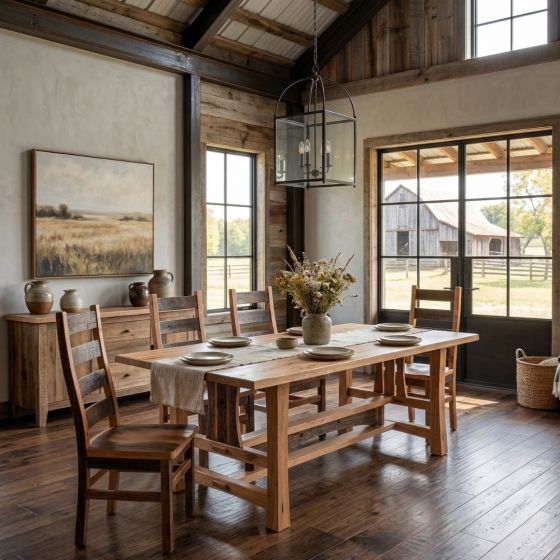 Rustic Barn Wood Dining Table: Some lifestyle images are created with AI for visualization purposes. Crafted from natural solid wood, each piece is unique and will vary.