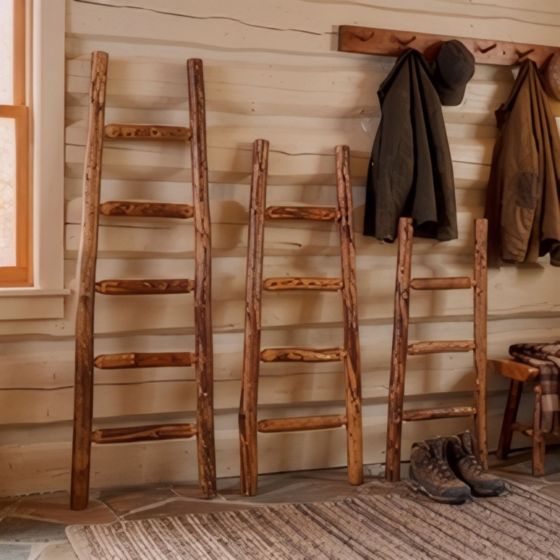 Aspen Log Ladders: Some lifestyle images are created with AI for visualization purposes. Crafted from natural solid wood, each piece is unique and will vary.