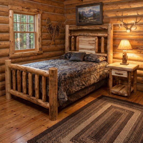 Rustic Log Bed: Some lifestyle images are created with AI for visualization purposes. Crafted from natural solid wood, each piece is unique and will vary.