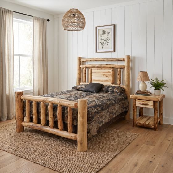 Rustic Log Bed: Some lifestyle images are created with AI for visualization purposes. Crafted from natural solid wood, each piece is unique and will vary.