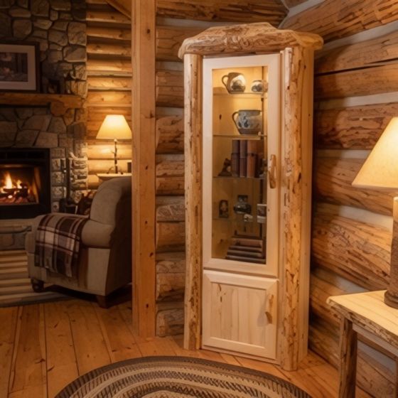 Log Display Cabinet: Some lifestyle images are created with AI for visualization purposes. Crafted from natural solid wood, each piece is unique and will vary.
