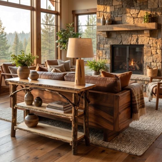 Hickory Log Sofa Table: Some lifestyle images are created with AI for visualization purposes. Crafted from natural solid wood, each piece is unique and will vary.