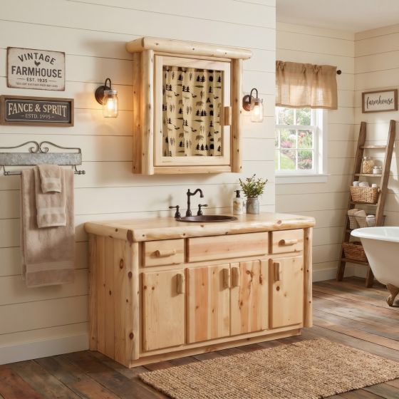 Log Medicine Cabinet: Some lifestyle images are created with AI for visualization purposes. Crafted from natural solid wood, each piece is unique and will vary.