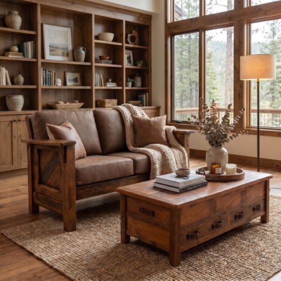 Rustic Barnwood Loveseat: Some lifestyle images are created with AI for visualization purposes. Crafted from natural solid wood, each piece is unique and will vary.