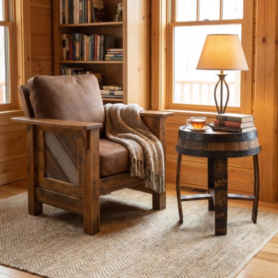 Rustic Barnwood Lounge Chair: Some lifestyle images are created with AI for visualization purposes. Crafted from natural solid wood, each piece is unique and will vary.