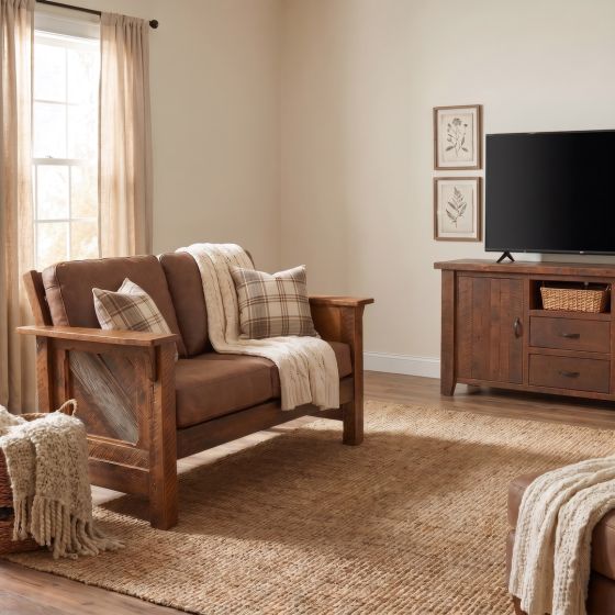 Rustic Barnwood Loveseat: Some lifestyle images are created with AI for visualization purposes. Crafted from natural solid wood, each piece is unique and will vary.