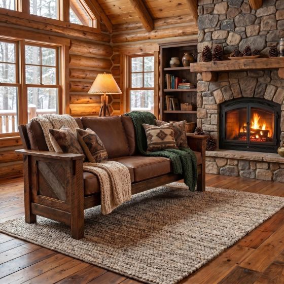Rustic Barnwood Sofa: Some lifestyle images are created with AI for visualization purposes. Crafted from natural solid wood, each piece is unique and will vary.