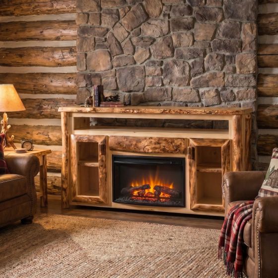 Log TV Stand: Some lifestyle images are created with AI for visualization purposes. Crafted from natural solid wood, each piece is unique and will vary.
