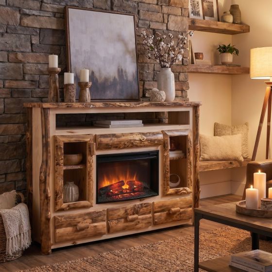 Rustic Entertainment Center: Some lifestyle images are created with AI for visualization purposes. Crafted from natural solid wood, each piece is unique and will vary.