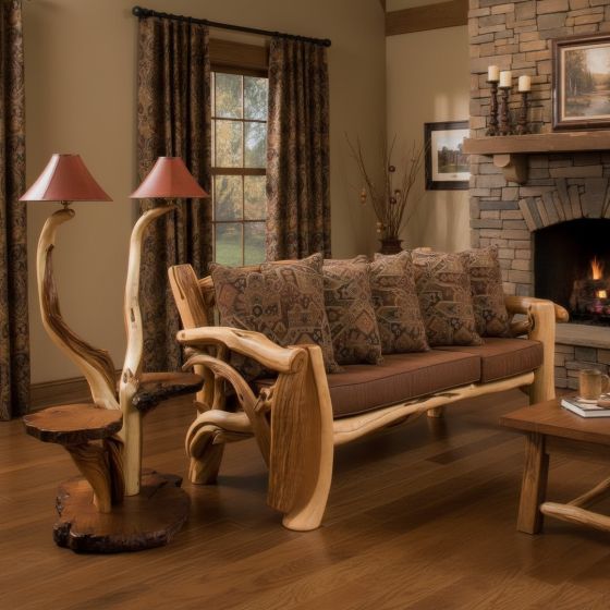 Double Log Floor Lamp: Some lifestyle images are created with AI for visualization purposes. Crafted from natural solid wood, each piece is unique and will vary.
