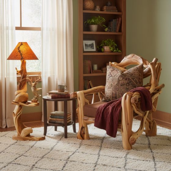 Log Floor Lamp: Some lifestyle images are created with AI for visualization purposes. Crafted from natural solid wood, each piece is unique and will vary.