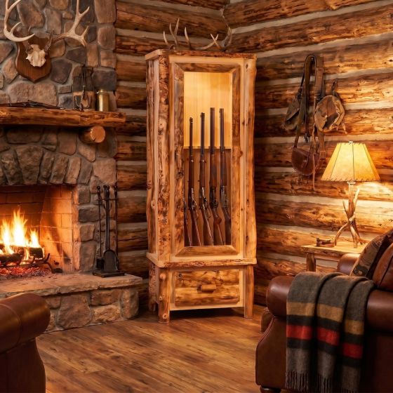Rustic Gun Cabinet: Some lifestyle images are created with AI for visualization purposes. Crafted from natural solid wood, each piece is unique and will vary.