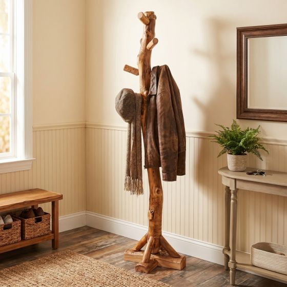 Log Coat Rack: Some lifestyle images are created with AI for visualization purposes. Crafted from natural solid wood, each piece is unique and will vary.