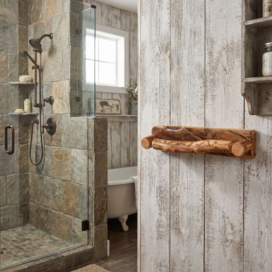 Log Towel Bar: Some lifestyle images are created with AI for visualization purposes. Crafted from natural solid wood, each piece is unique and will vary.