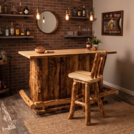 Rustic Log Bar: Some lifestyle images are created with AI for visualization purposes. Crafted from natural solid wood, each piece is unique and will vary.