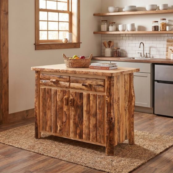 Aspen Log Kitchen Island: Some lifestyle images are created with AI for visualization purposes. Crafted from natural solid wood, each piece is unique and will vary.