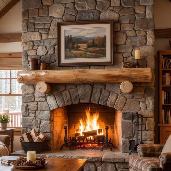 Aspen Log Mantle: Some lifestyle images are created with AI for visualization purposes. Crafted from natural solid wood, each piece is unique and will vary.