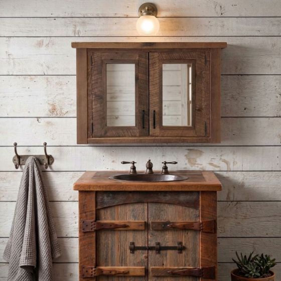 Barn Wood Medicine Cabinet: Some lifestyle images are created with AI for visualization purposes. Crafted from natural solid wood, each piece is unique and will vary.