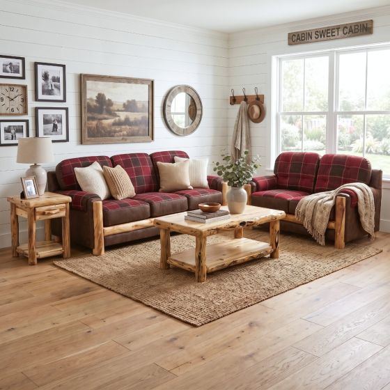 Aspen Log Sofa: Some lifestyle images are created with AI for visualization purposes. Crafted from natural solid wood, each piece is unique and will vary.