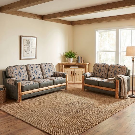 Aspen Log Loveseat: Some lifestyle images are created with AI for visualization purposes. Crafted from natural solid wood, each piece is unique and will vary.