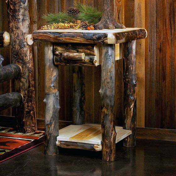 Beaver Creek Aspen 1 Drawer Log Nightstand--Half log drawer, Clear finish, Dark aspen logs