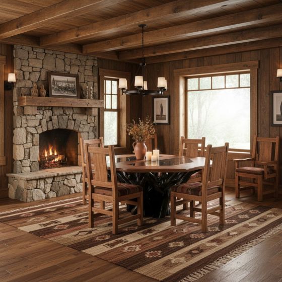 Rustic Round Wood Dining Table: Some lifestyle images are created with AI for visualization purposes. Crafted from natural solid wood, each piece is unique and will vary.